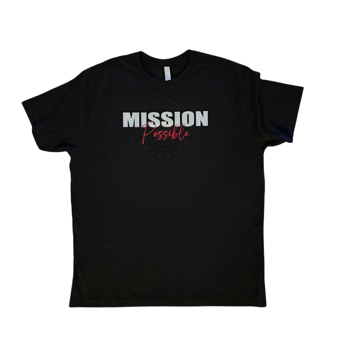 Black t-shirt with 'MISSION Possible' text on a white background