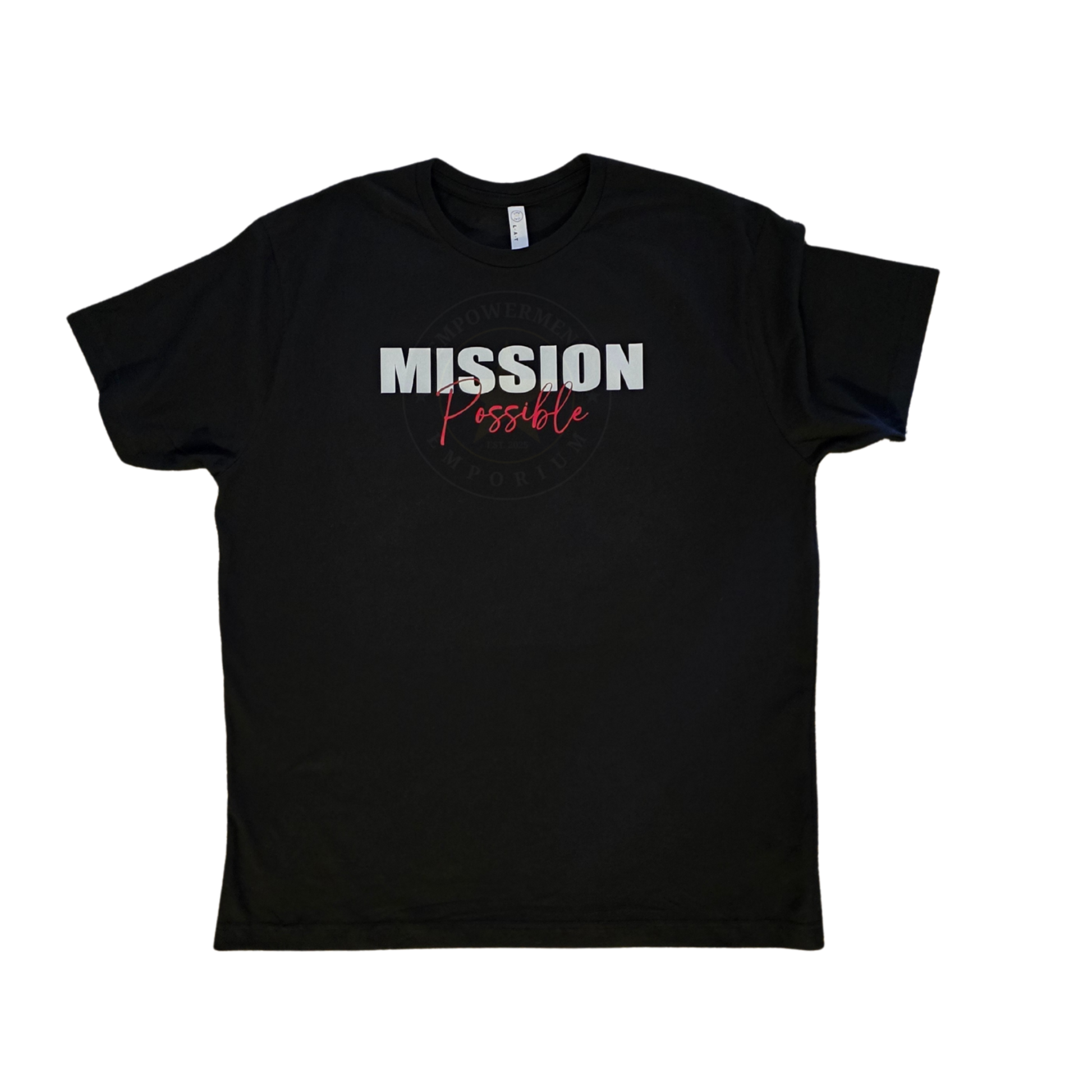 Black t-shirt with 'MISSION Possible' text on a white background