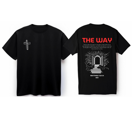 The Way Christian shirt with narrow path scripture artwork